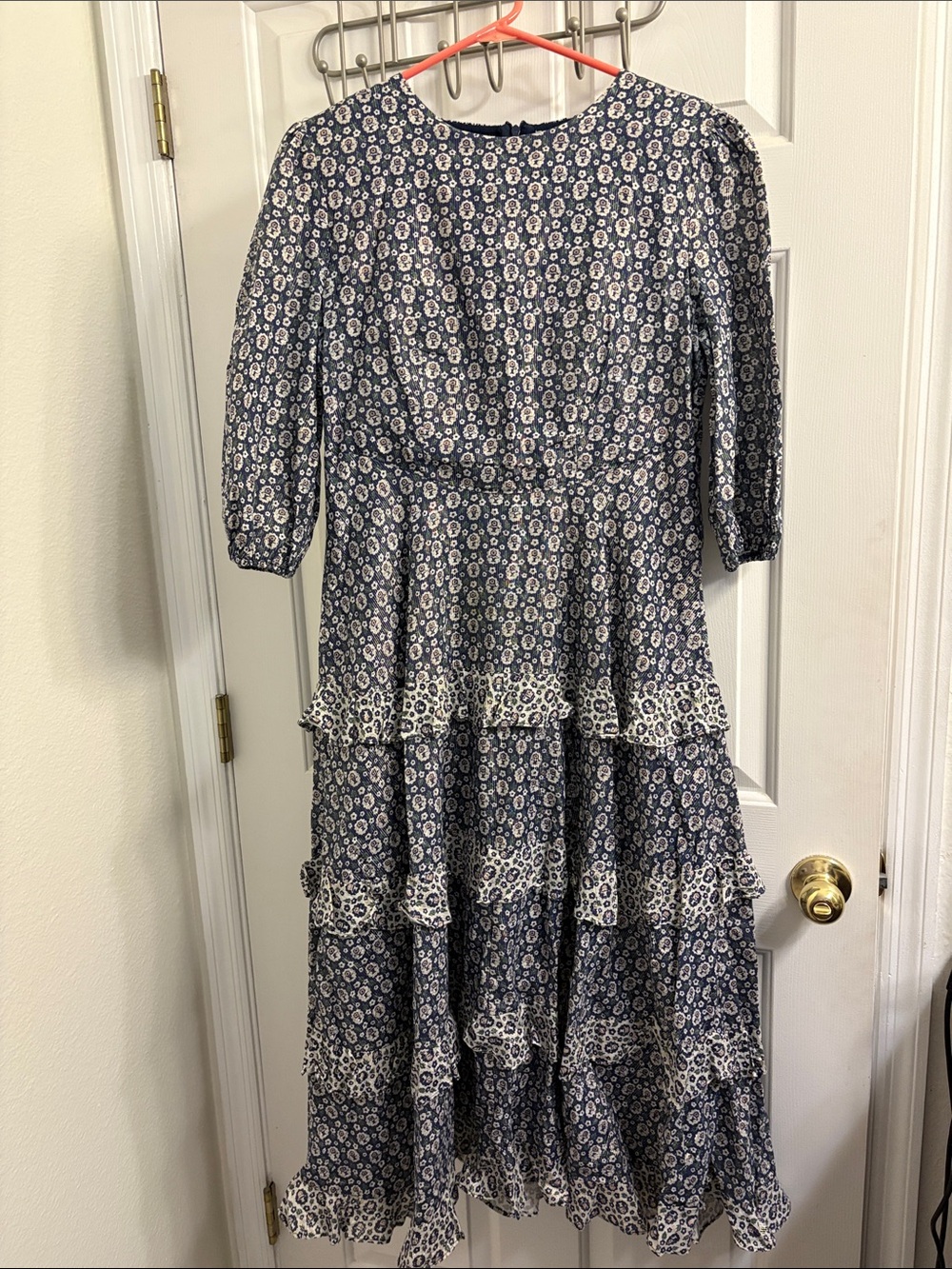 Blue Floral Tiered Maxi Dress with Puff Sleeves